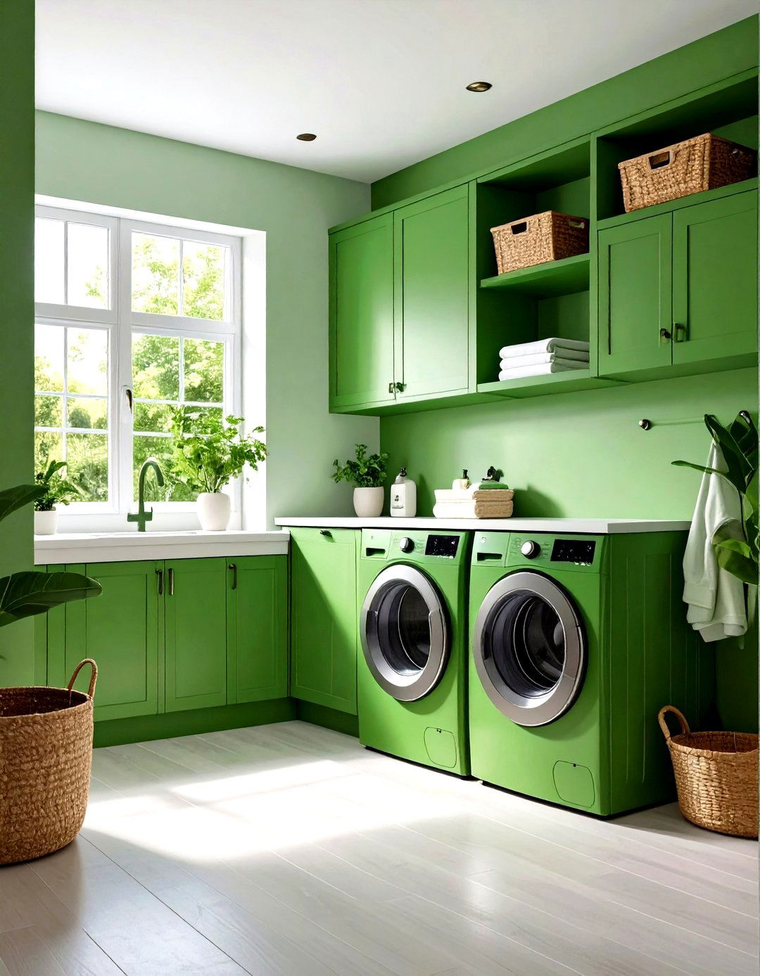 Coordinated Green Hardware Pulls the Look Together - 20 Green Laundry Room Ideas