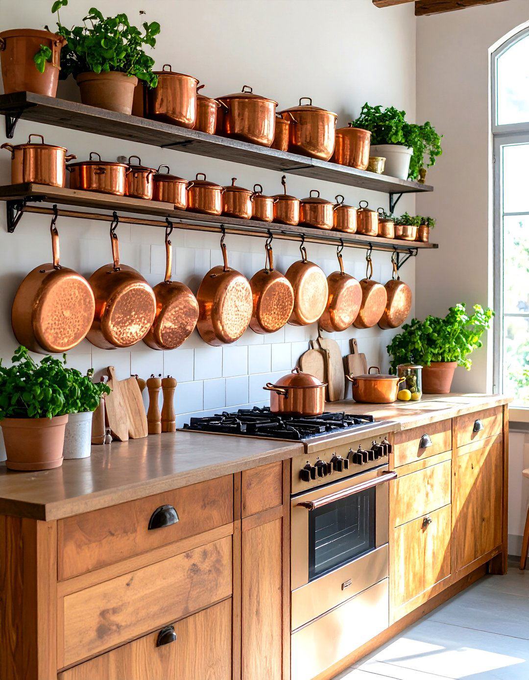 Copper Cookware Rails Enrich a French Country Kitchen Wall - 20 French Country Kitchen Ideas