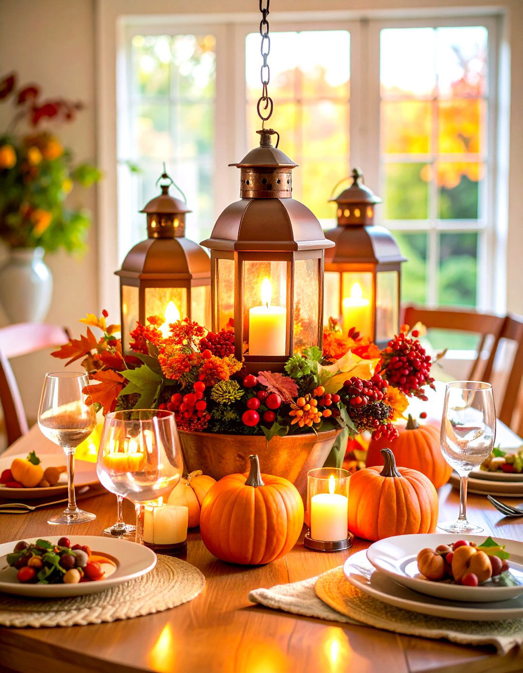 Copper Lantern Centerpiece with Autumn Leaf Arrangements - 20 Lantern Centerpiece Ideas
