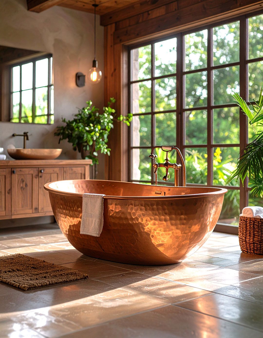 Copper Tub Rustic Bathroom with Statement Bathing Features - 20 Rustic Bathroom Ideas