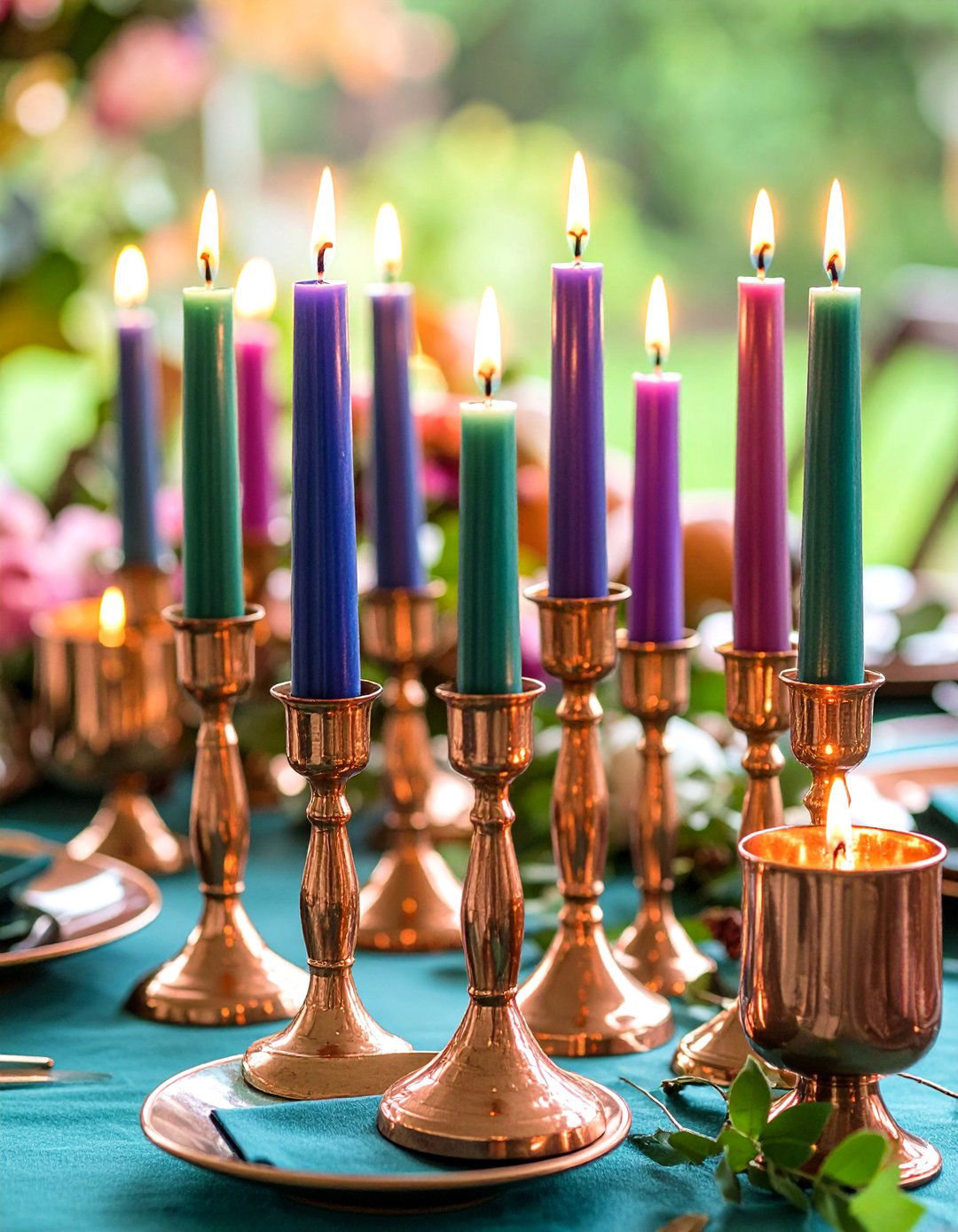 Copper and Jewel Friendsgiving Candle Cluster - 20 Friendsgiving Decor Ideas