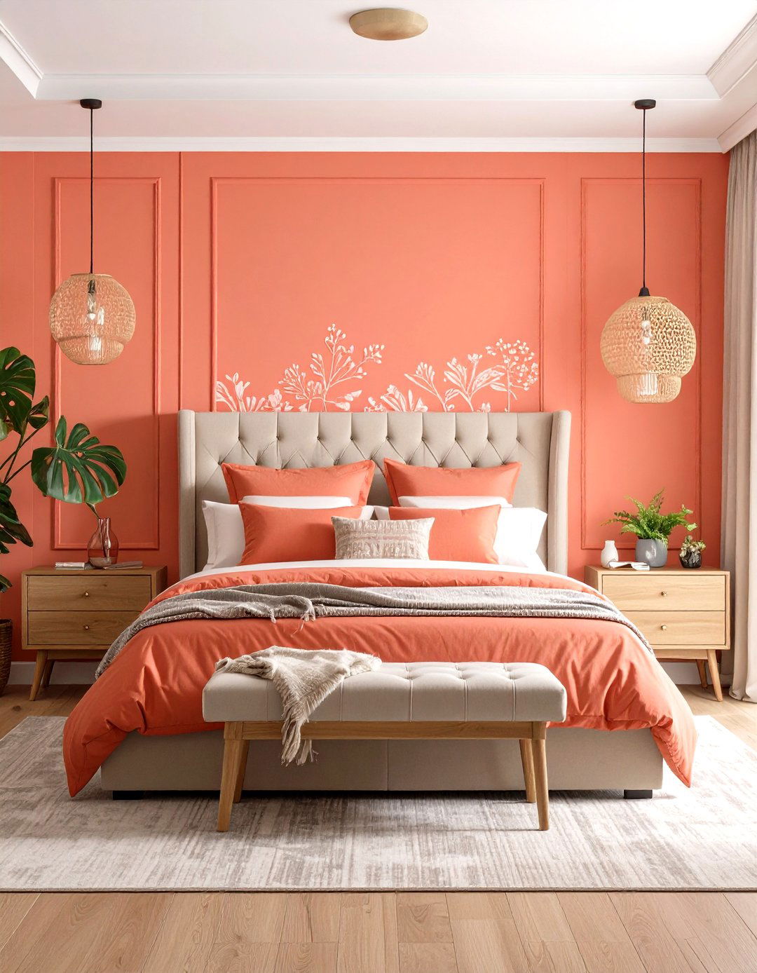 Coral Bedroom Wallpaper Feature Design - 20 Coral Bedroom Ideas