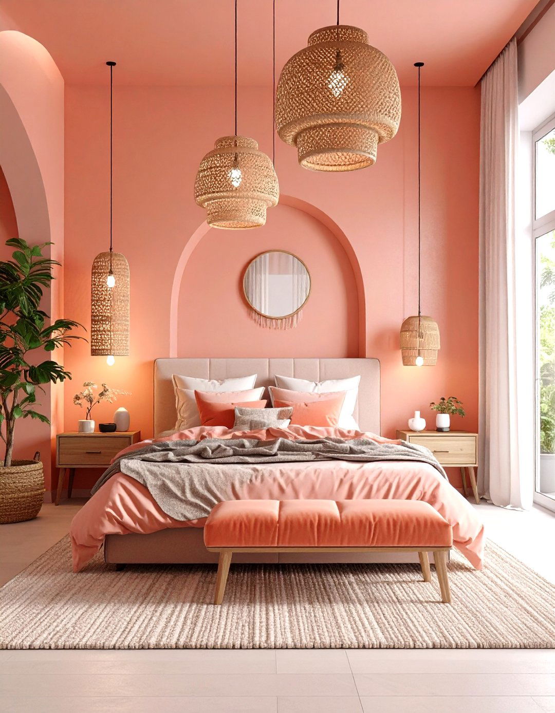 Coral Pink Boho Bedroom with Artisan Lighting Collection - 20 Pink Boho Bedroom Ideas