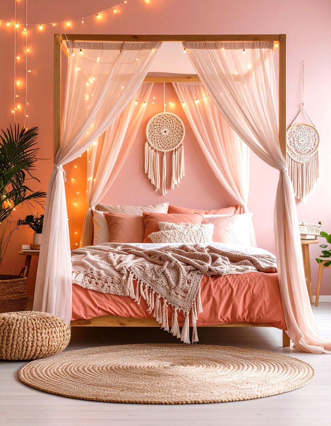 Coral Pink Boho Bedroom with Bohemian Canopy Bed - 20 Pink Boho Bedroom Ideas