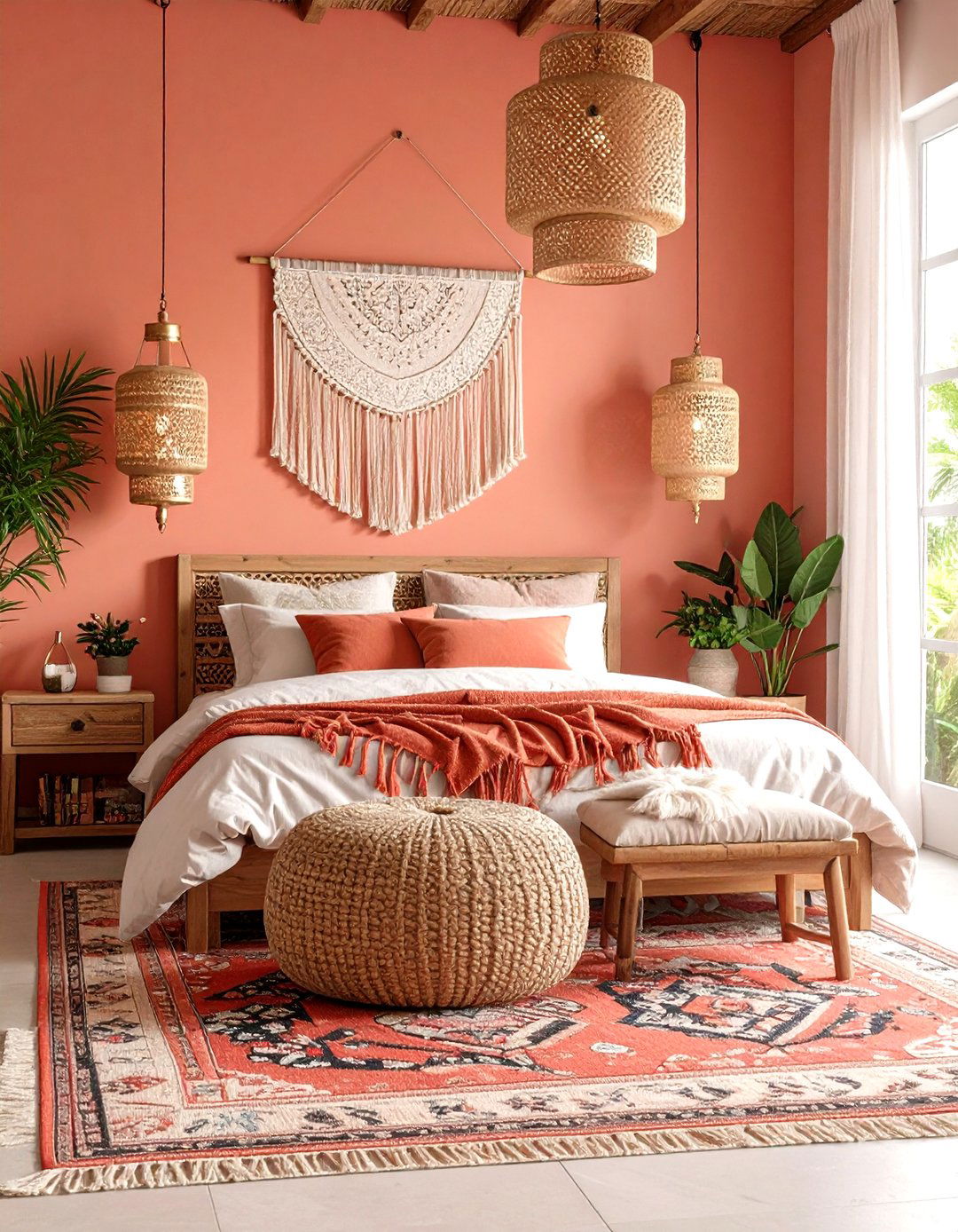 Coral Pink Boho Bedroom with Moroccan Inspired Textiles - 20 Pink Boho Bedroom Ideas