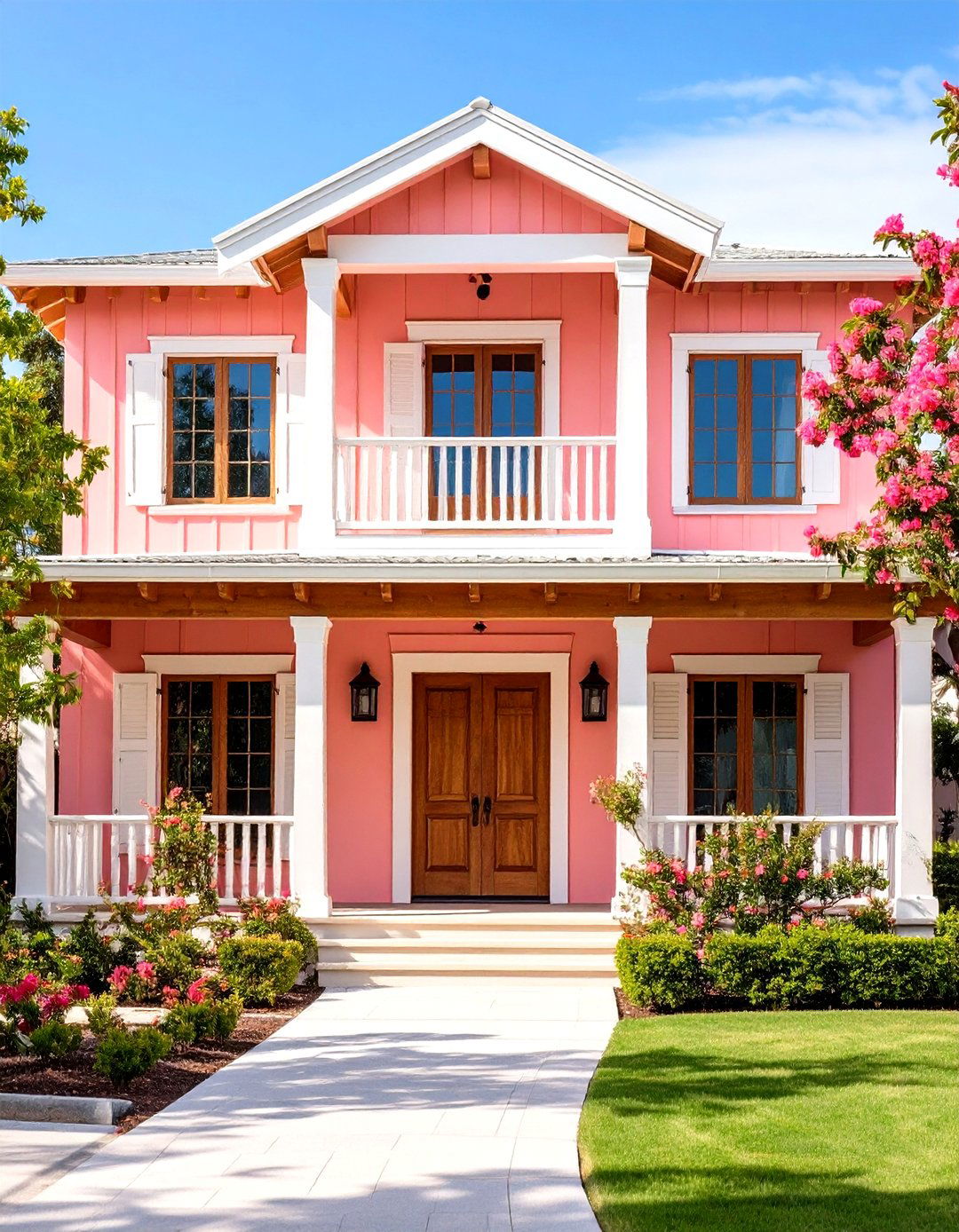 Coral Pink House Exterior with Natural Wood Accents - 20 Pink House Exterior Ideas