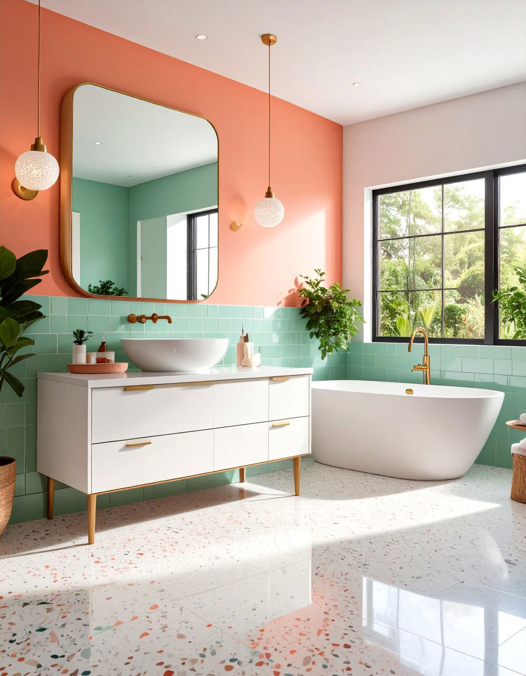 Coral and Mint Green Mid Century Modern Bathroom - 20 Mid-century Modern Bathroom Ideas