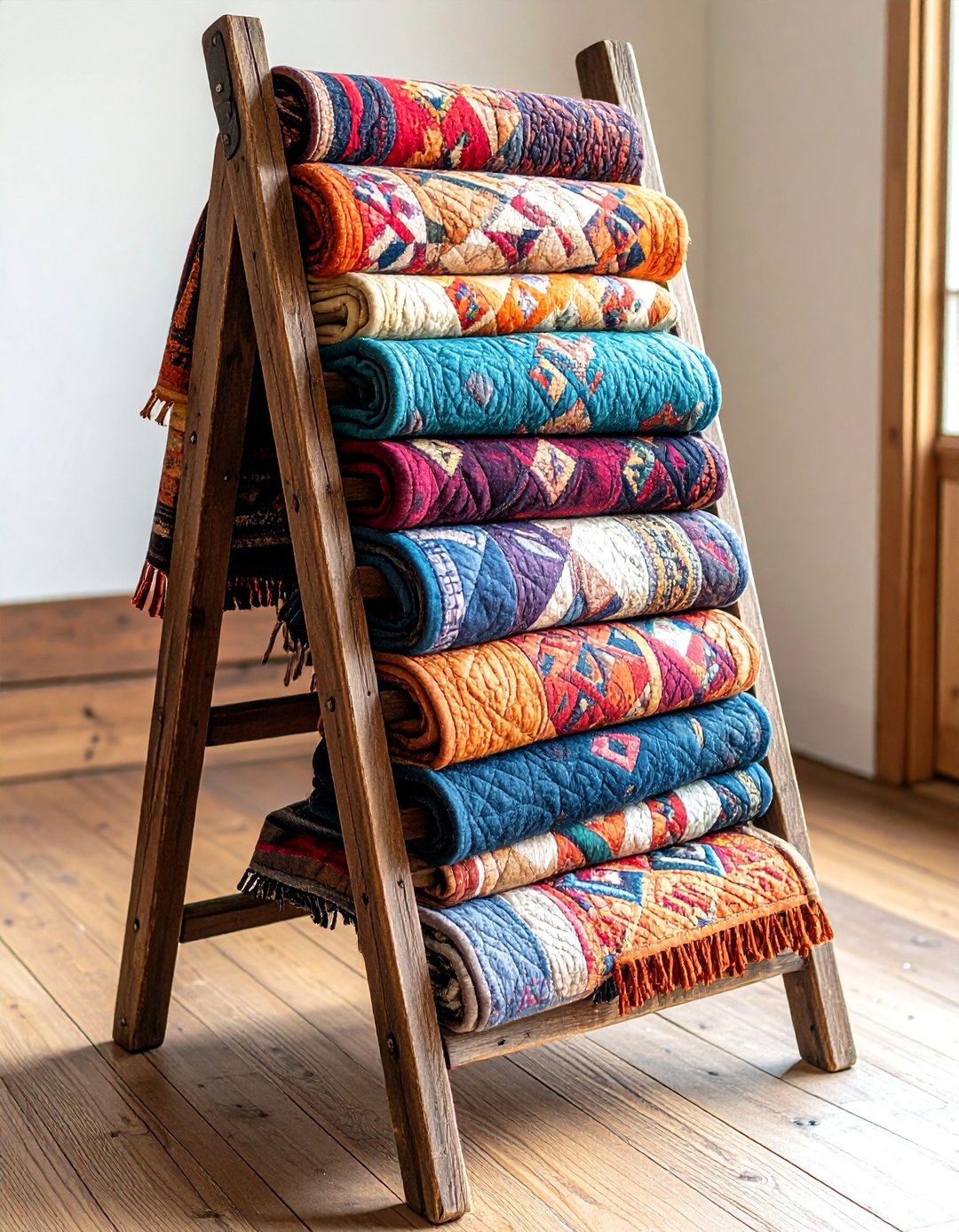 Corner Blanket Ladder and Textile Display - 20 Bedroom Corner Ideas