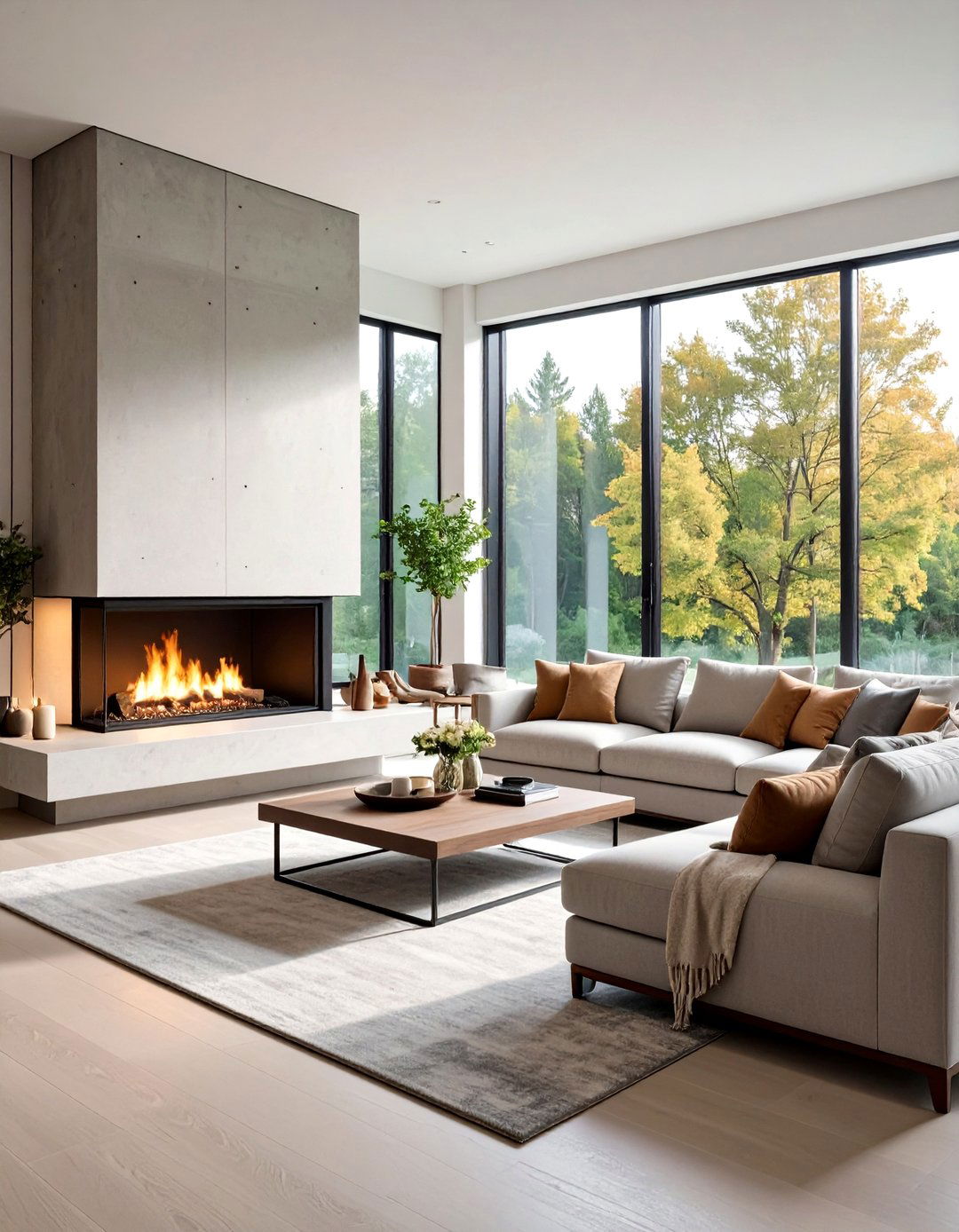 Corner Concrete Fireplace with Glass Viewing Panels - 20 Concrete Fireplace Ideas