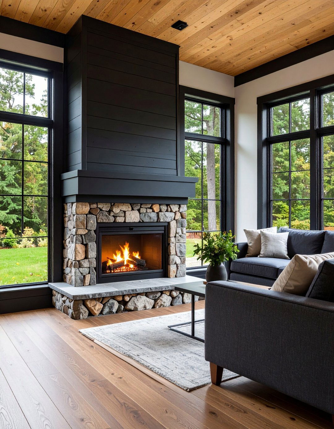 Corner Configuration for a Black Shiplap Fireplace - 20 Black Shiplap Fireplace Ideas