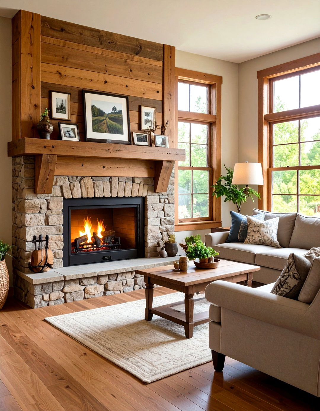 Corner Fireplace with Natural Wood Mantel - 20 Corner Fireplace Ideas