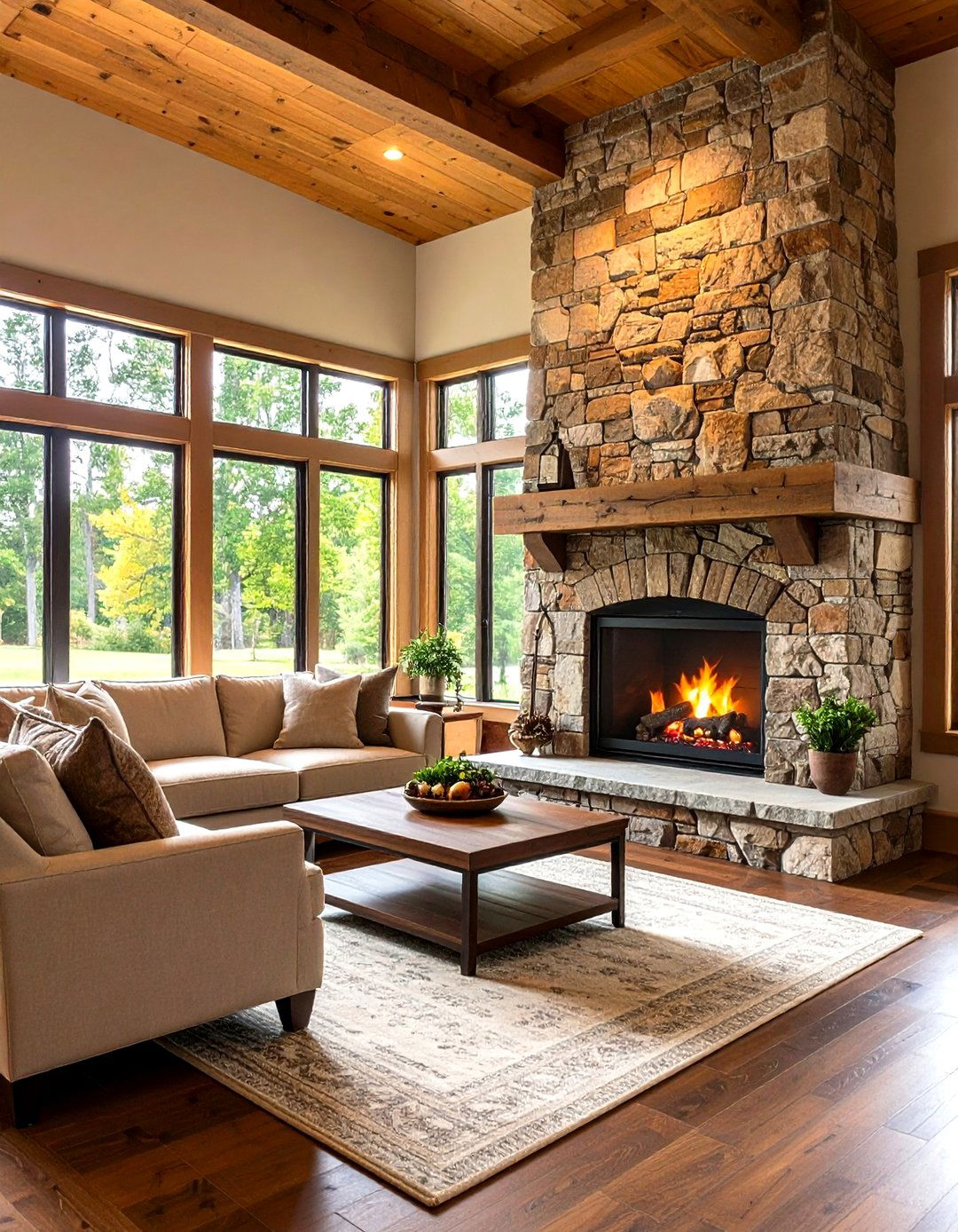Corner Fireplace with Stone and Brick Combination - 20 Corner Fireplace Ideas
