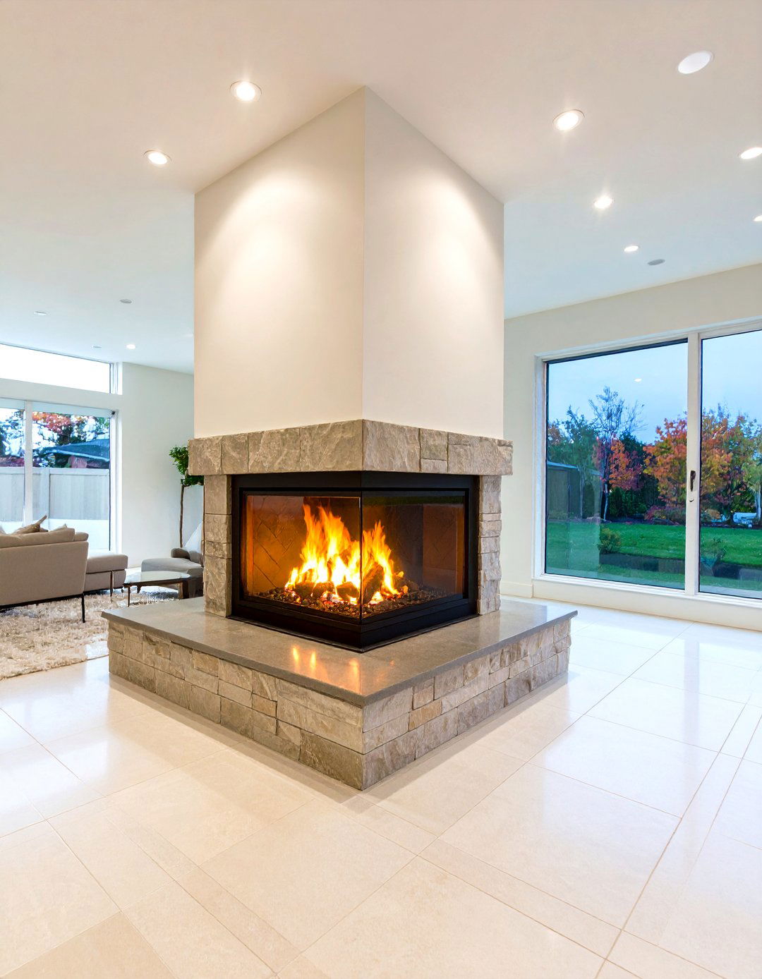 Corner Glass Double Sided Fireplace - 20 Double-sided Fireplace Ideas