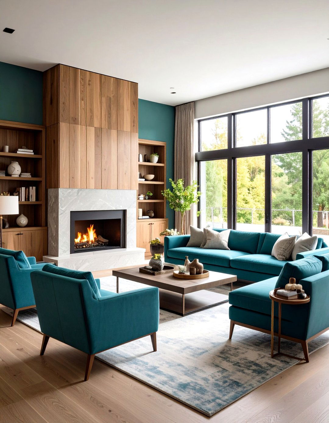 Corner Linear Fireplace with Wraparound Glass - 20 linear fireplace ideas