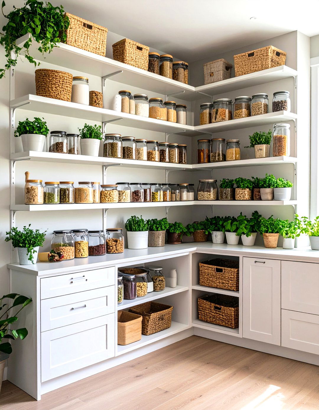 Corner Pantry with Floating Shelves and Display Areas - 20 Corner Pantry Ideas