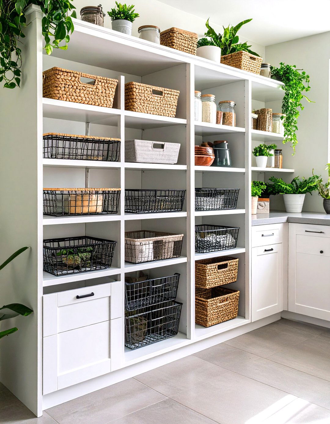 Corner Pantry with Pull Out Wire Baskets - 20 Corner Pantry Ideas