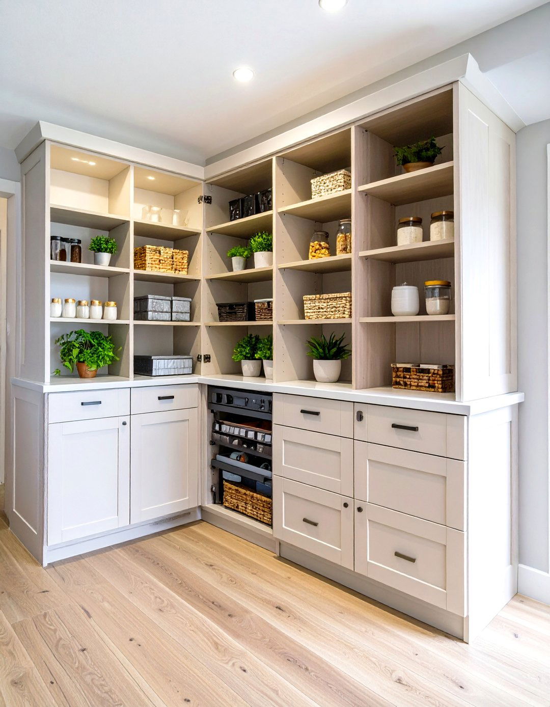 Corner Pantry with Space Saving Pocket Doors - 20 Corner Pantry Ideas