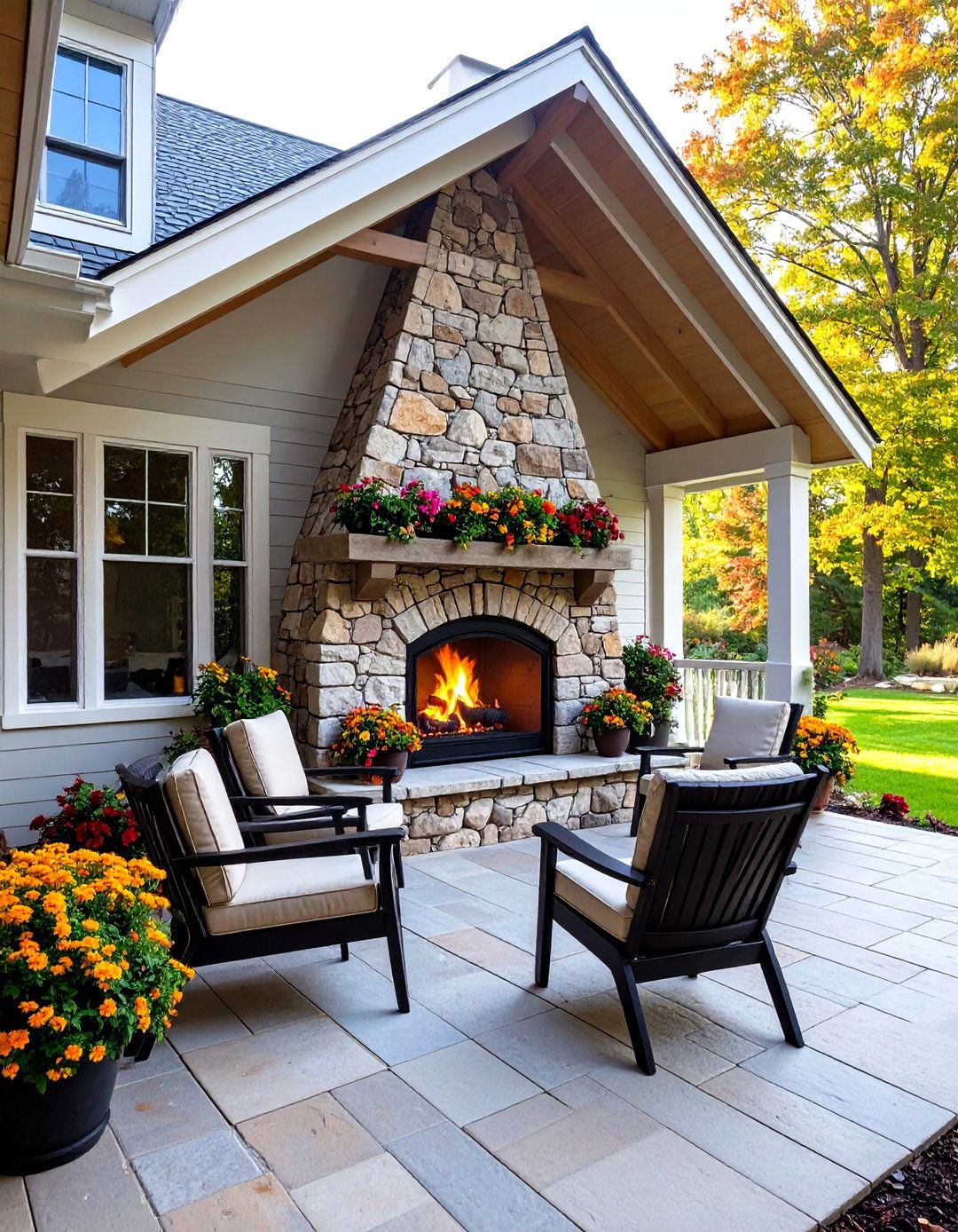 Corner Porch Fireplace with Intimate Seating Arrangement - 20 Porch Fireplace Ideas