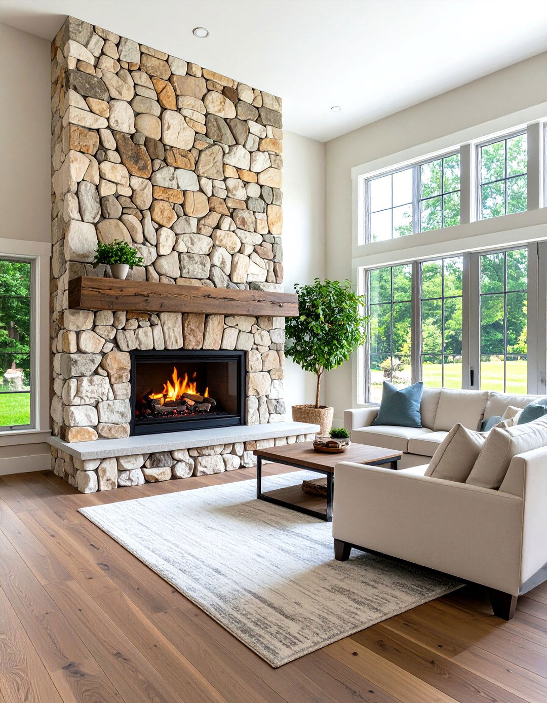 Corner Rustic Fireplace with Wraparound Stone - 20 Rustic Fireplaces