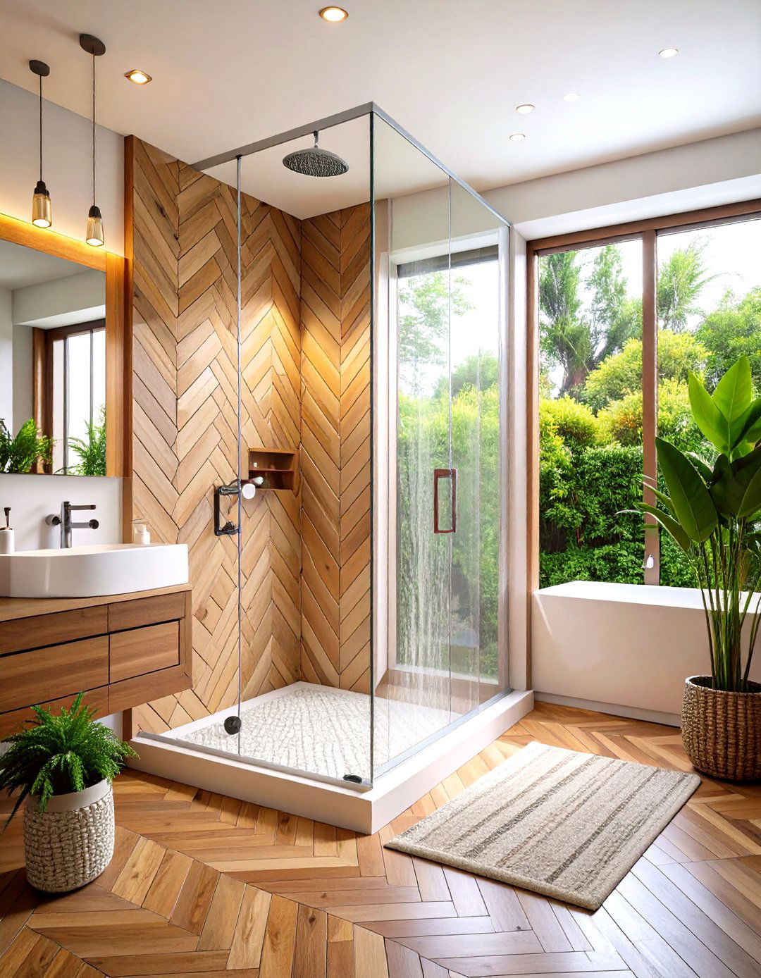 Corner Shower with Herringbone Tile Pattern - 20 Corner Shower Ideas