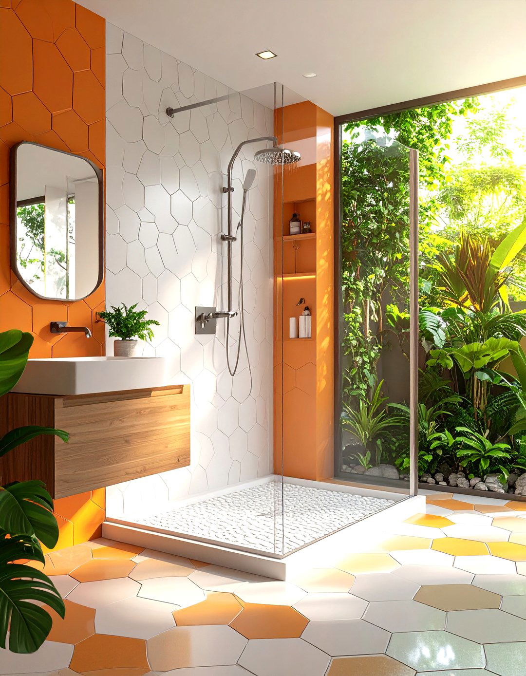 Corner Shower with Hexagon Floor Tiles - 20 Corner Shower Ideas
