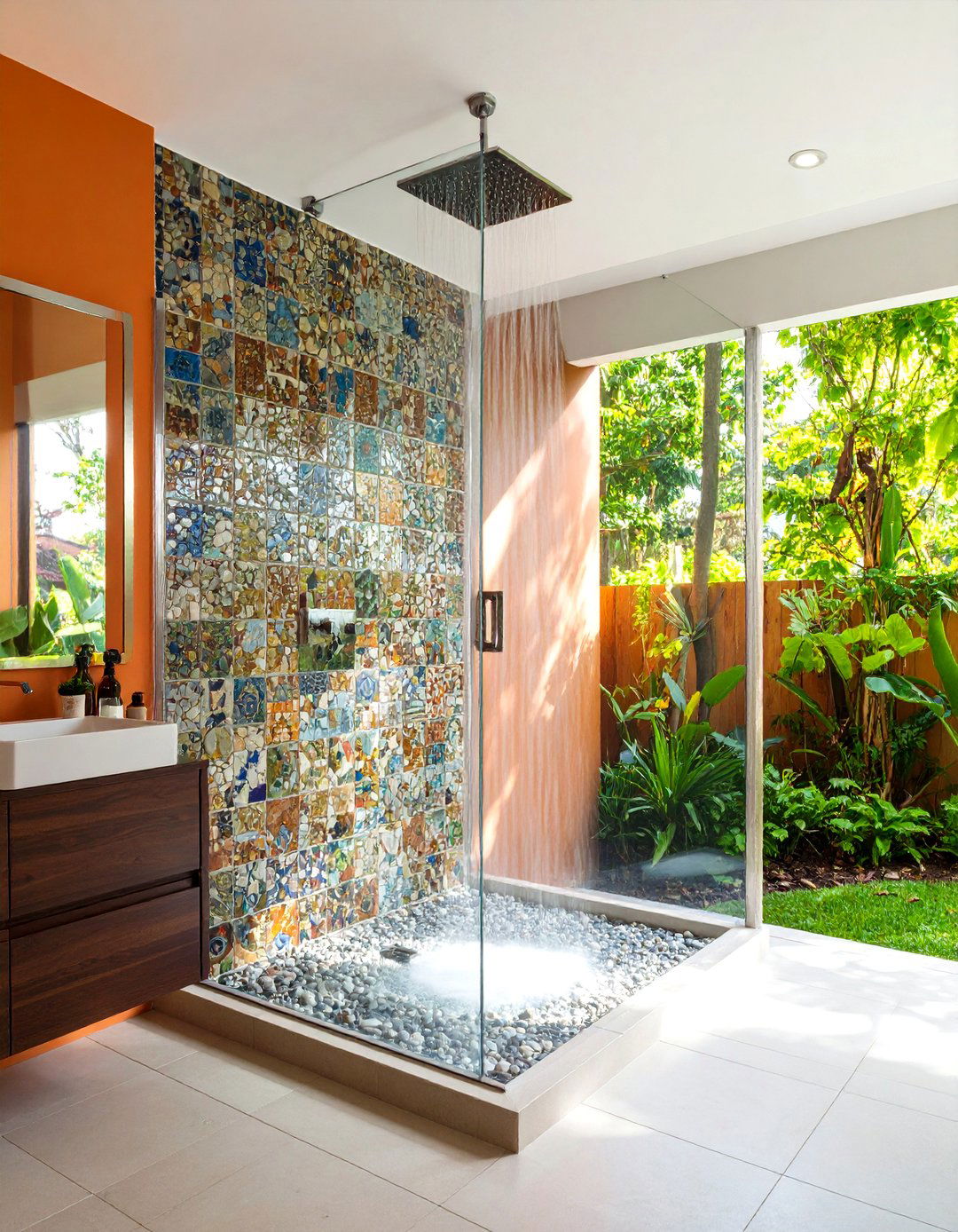 Corner Shower with Mosaic Accent Wall - 20 Corner Shower Ideas