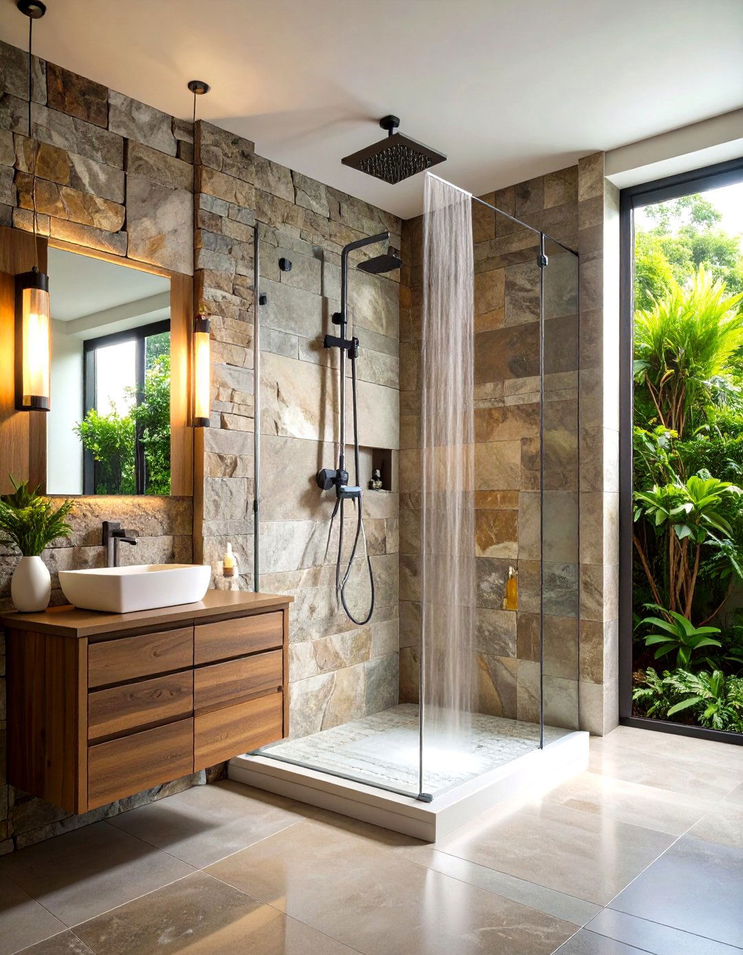 Corner Shower with Natural Stone Slab Walls - 20 Corner Shower Ideas