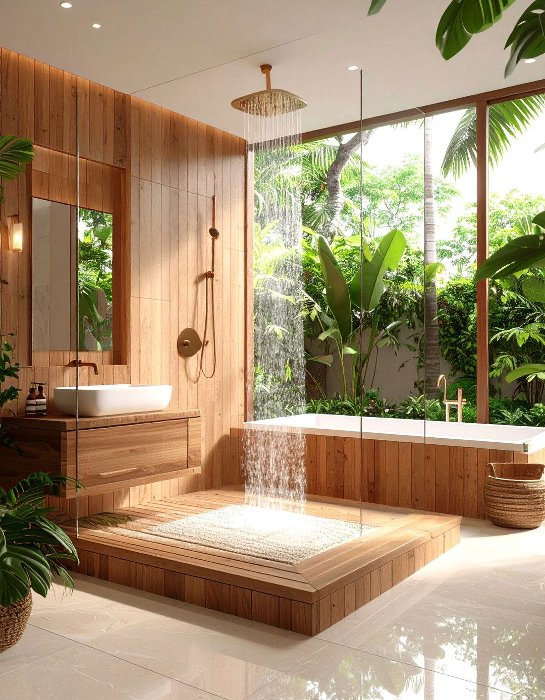 Corner Shower with Teak Corner Bench - 20 Corner Shower Ideas
