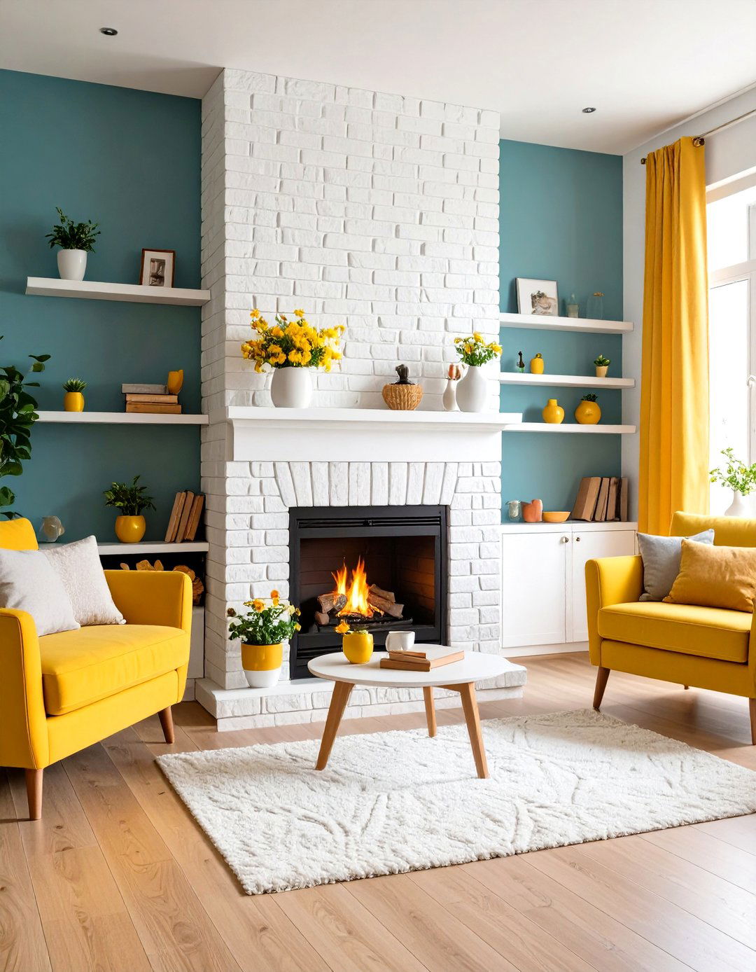 Corner White Brick Fireplace with Space Efficient Design - 20 White Brick Fireplace Ideas