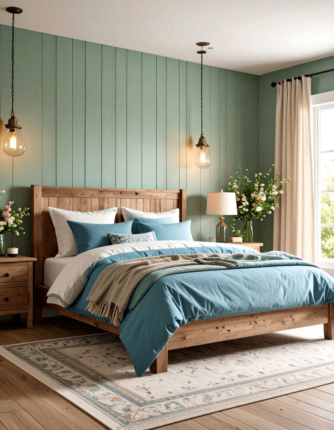 Cornflower Blue and Sage Green Bedroom with Farmhouse Charm - 20 blue and green bedroom ideas