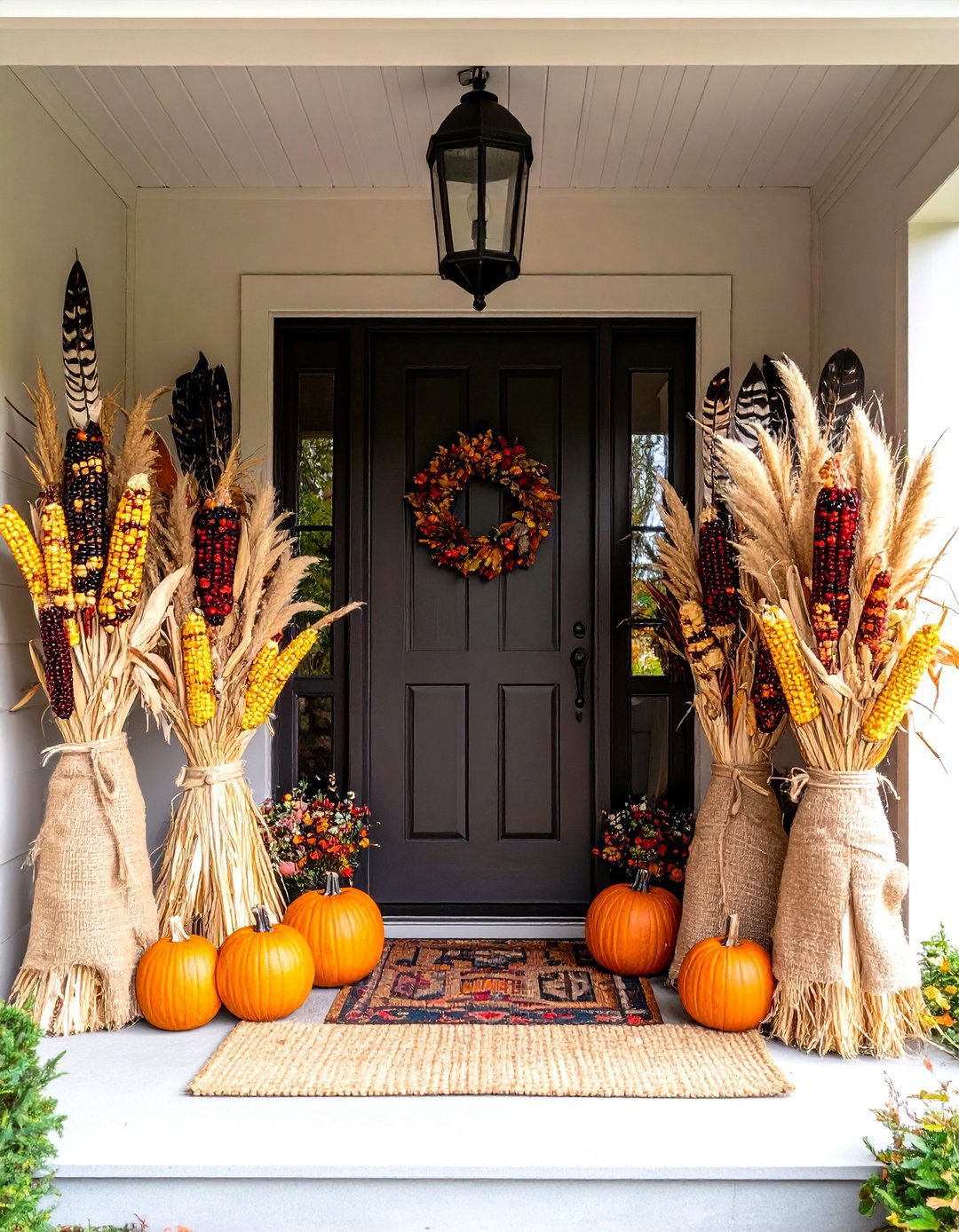 Cornstalk Bundles as Natural Doorframe Columns - 20 Front Door Fall Decor Ideas