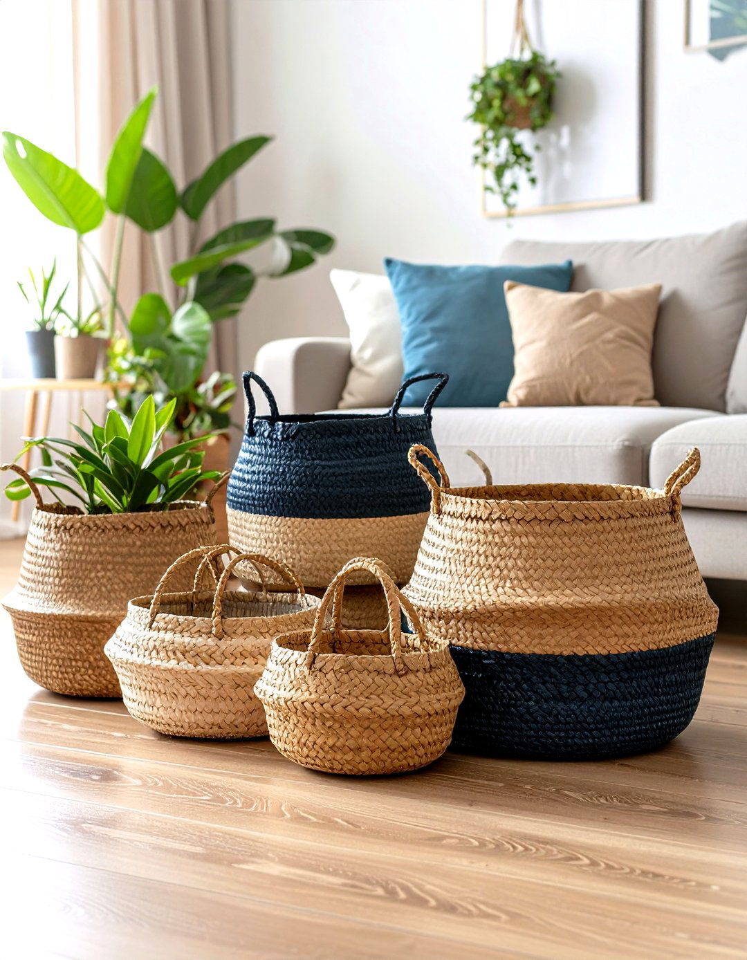 Corral Clutter With Woven Baskets - 20 Boho Farmhouse Decor Ideas