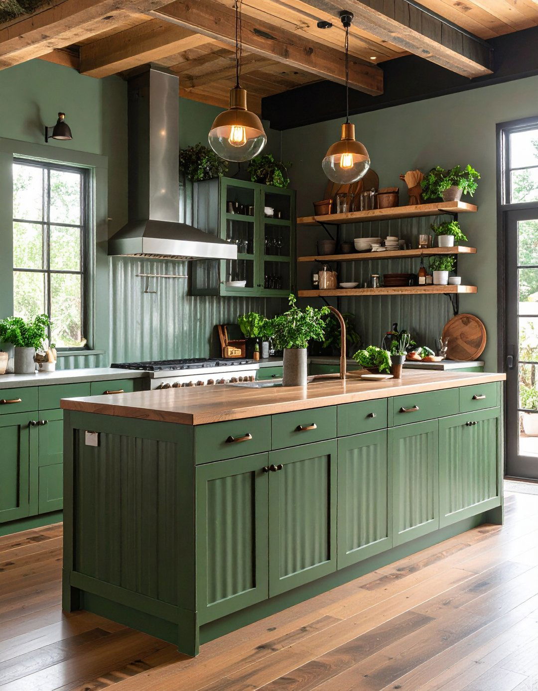 Corrugated Metal Accented Sage Green Cabinets - 20 Rustic Sage Green Kitchen Cabinets