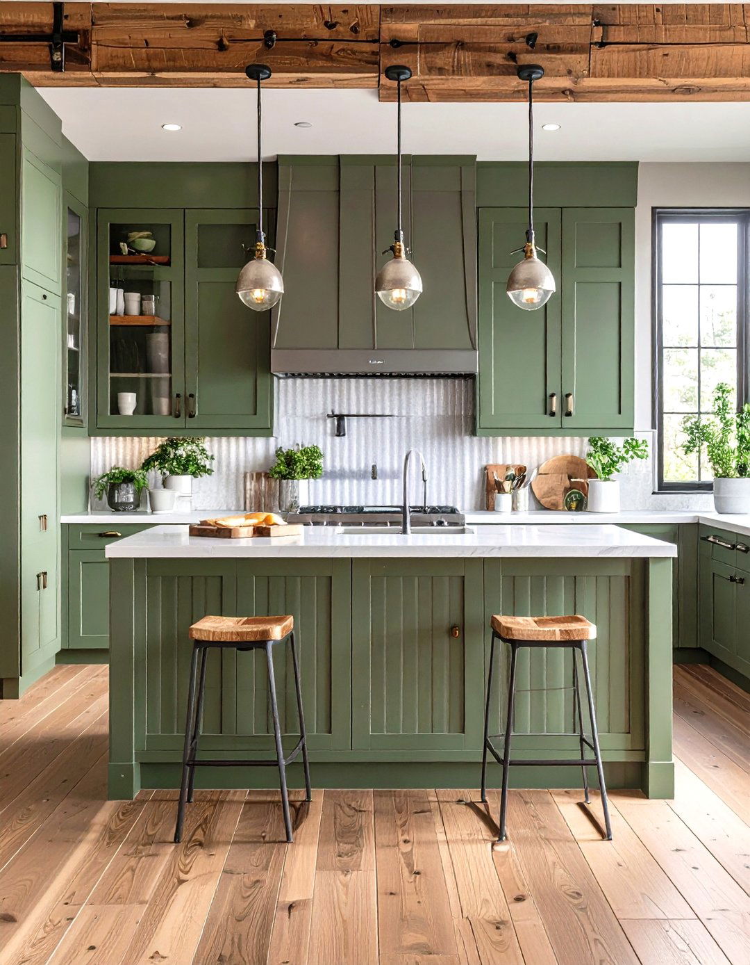 Corrugated Metal Accented Sage Green Cabinets - 20 Rustic Sage Green Kitchen Cabinets