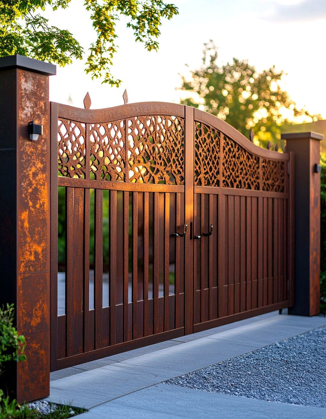 Corten Steel Fence Gate with Sculptural Patina - 20 Fence Gate Ideas