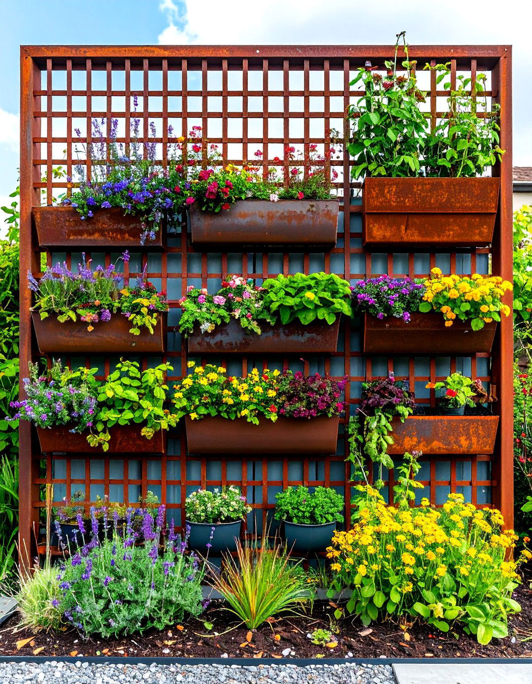 Corten Steel Grid Trellis Statement Wall - 20 Garden Trellis Ideas