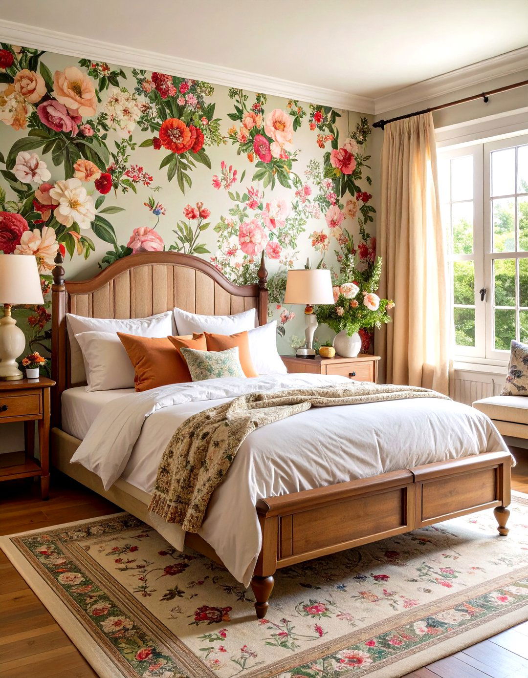 Cottage Bedroom with Floral Wallpaper Feature Wall - 20 Cottage Bedroom Ideas