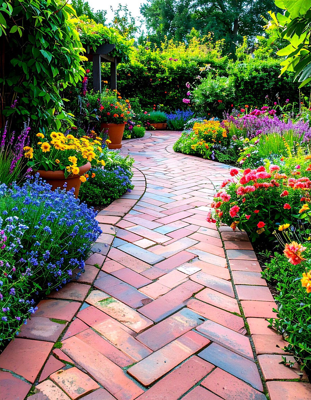 Cottage Brick Front Yard Patio with Flower Beds - 20 Front Yard Patio Ideas