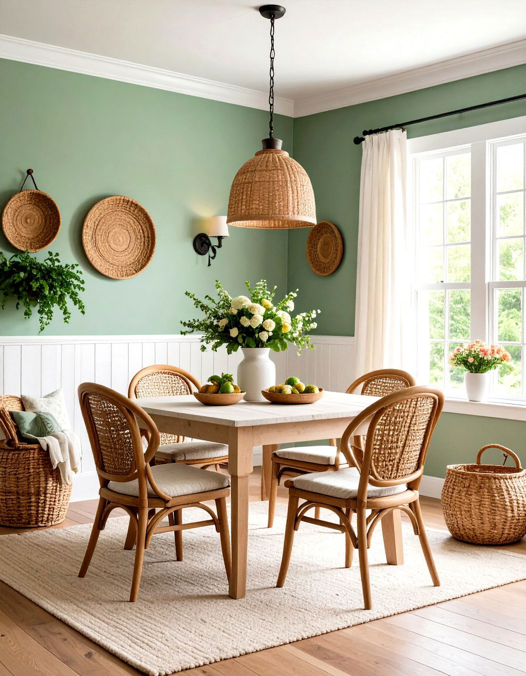 Cottage Dining Room with Board and Batten Wainscoting and Sage Green Walls - 20 cottage dining room ideas