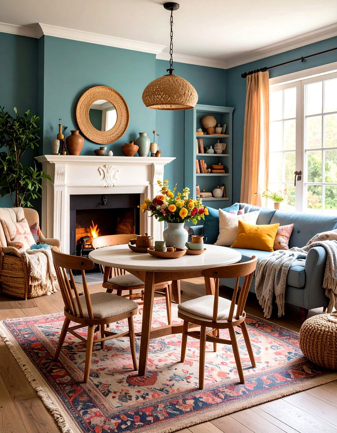 Cottage Dining Room with Corner Fireplace and Cozy Reading Nook - 20 cottage dining room ideas