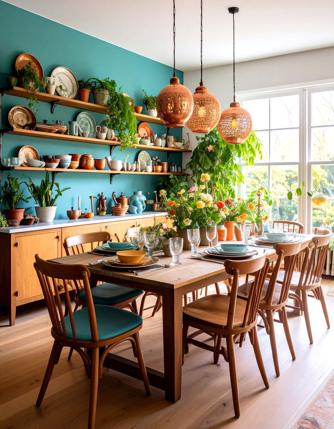 Cottage Dining Room with Open Shelving and Vintage China Display - 20 cottage dining room ideas