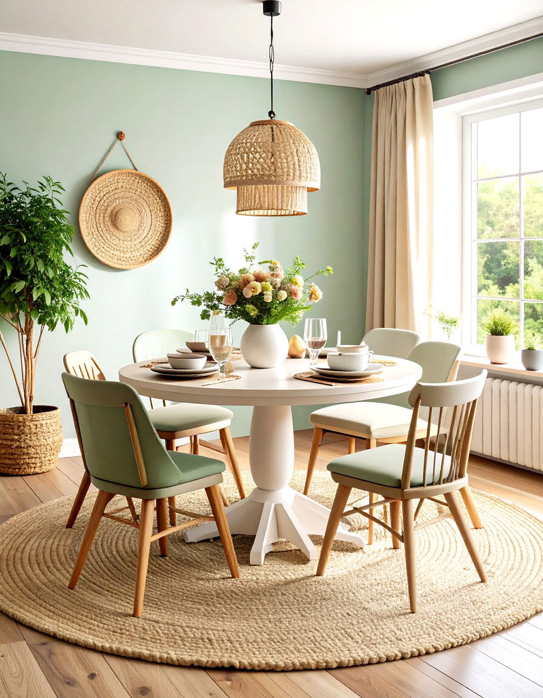 Cottage Dining Room with Round Pedestal Table and Mismatched Chairs - 20 cottage dining room ideas