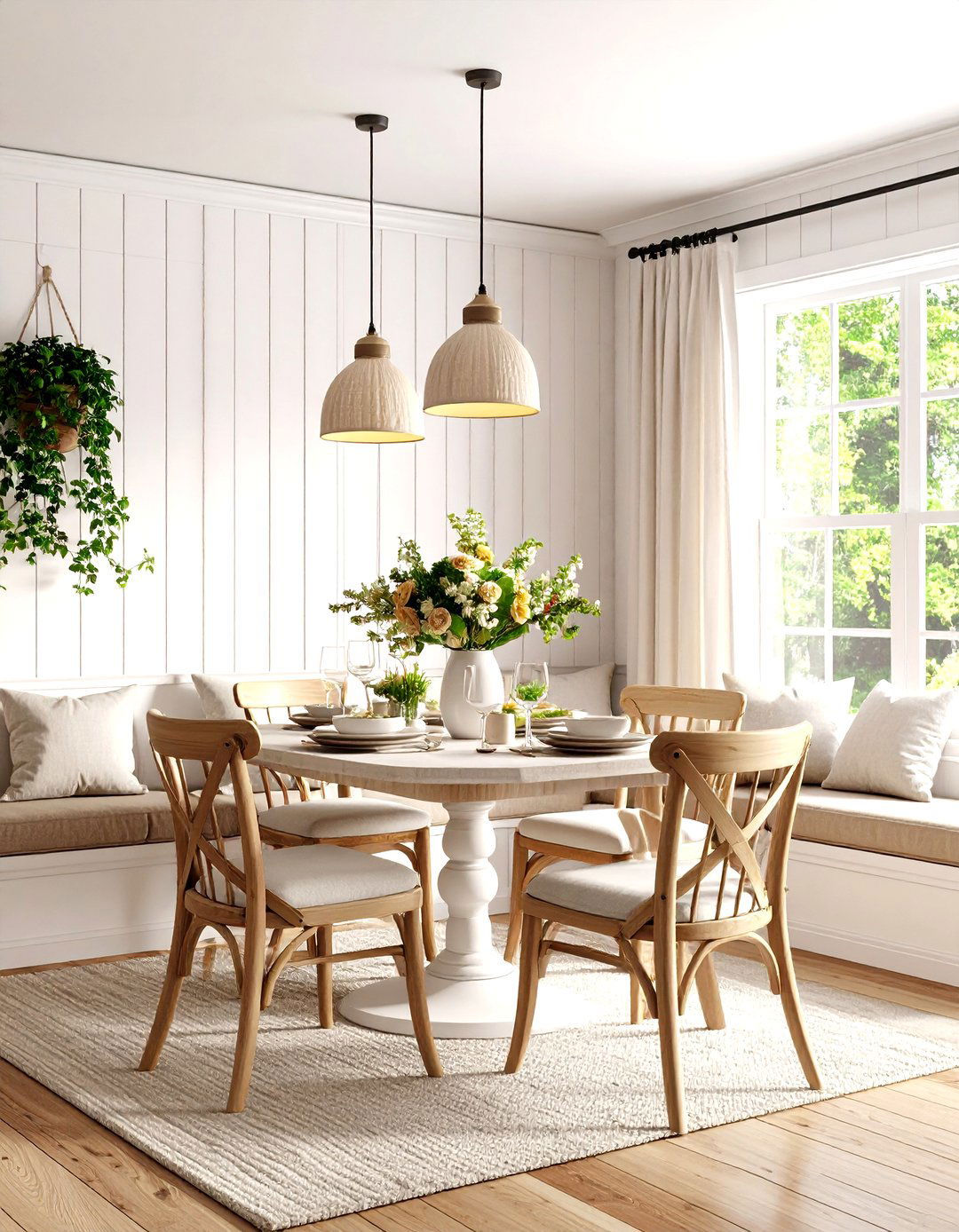 Cottage Dining Room with Shiplap Accent Wall and Built in Banquette - 20 cottage dining room ideas