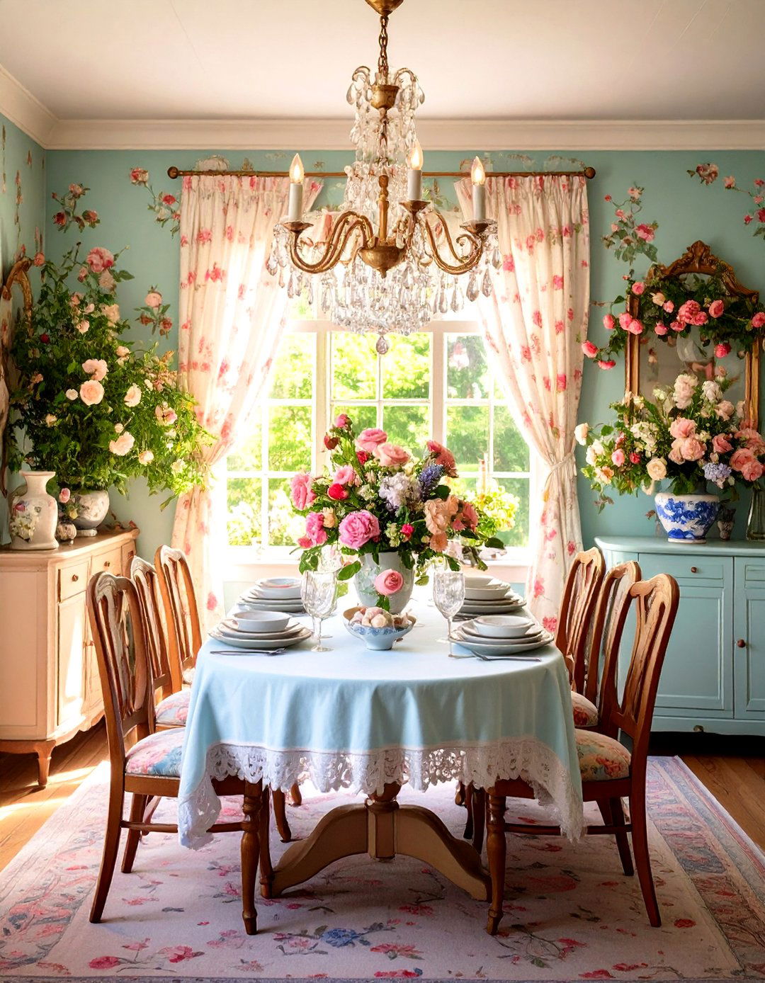 Cottage Dining Room with Vintage Chandelier and Floral Wallpaper - 20 cottage dining room ideas