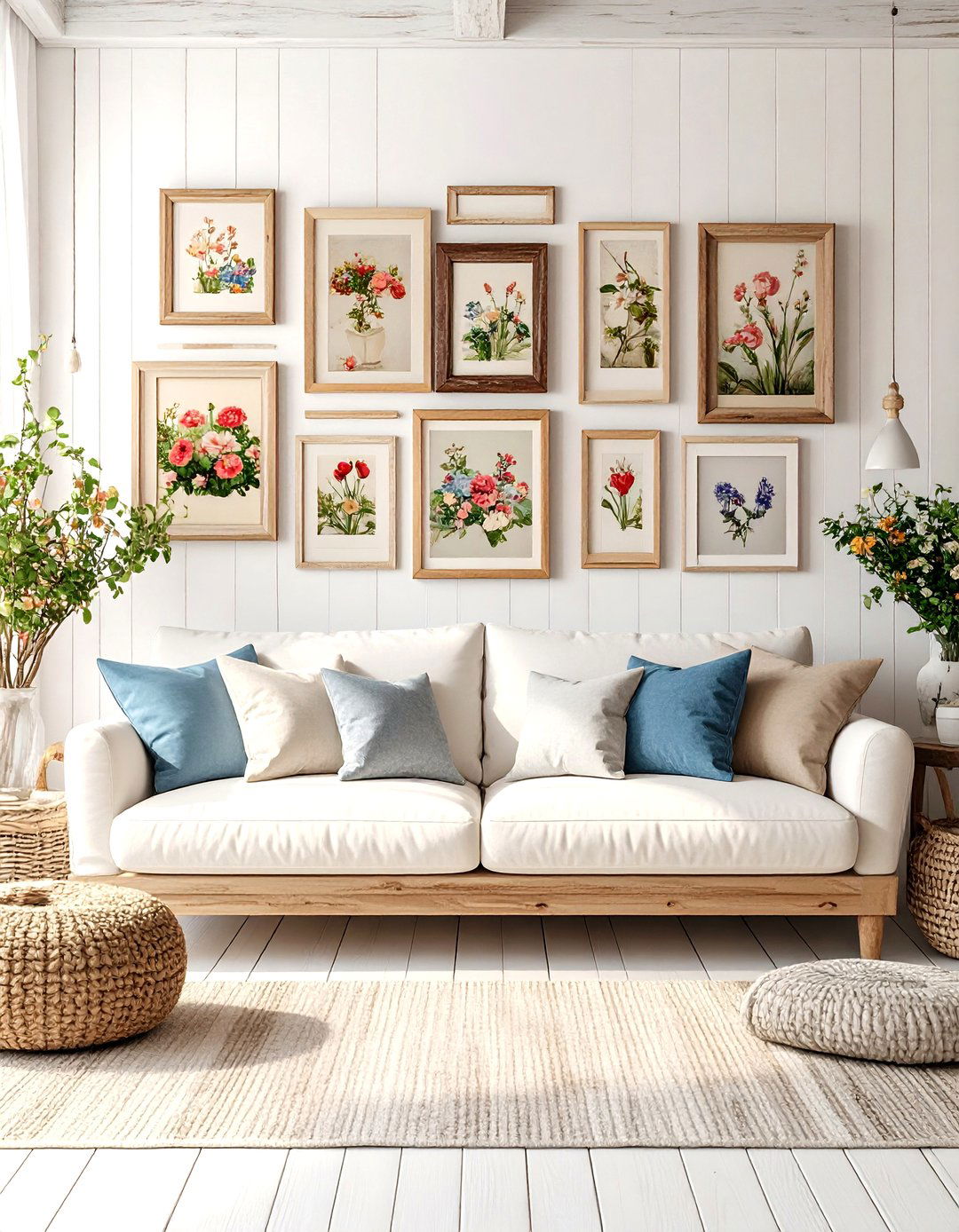 Cottage Gallery Wall with Vintage Artwork - 20 Cottage Decorating Ideas
