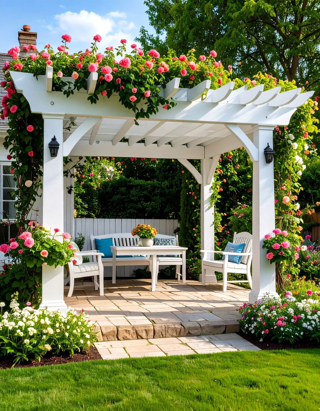 Cottage Garden Patio Pergola with Flowering Vines - 20 Patio Pergola Ideas