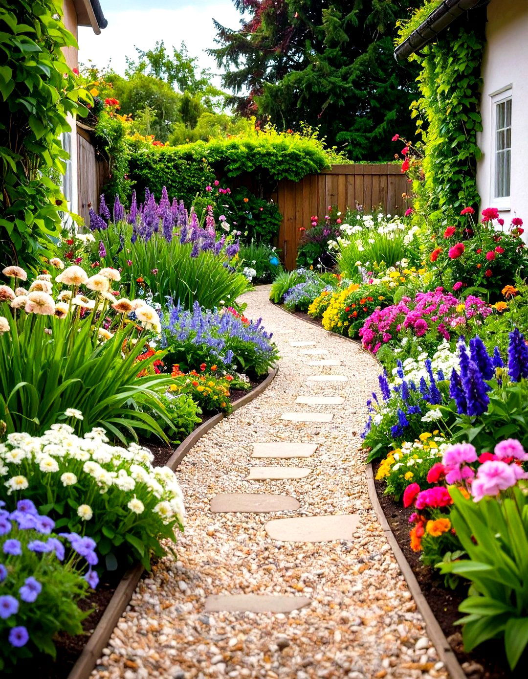 Cottage Garden Pea Gravel Walkway with Flower Borders - 20 Pea Gravel Walkway Ideas