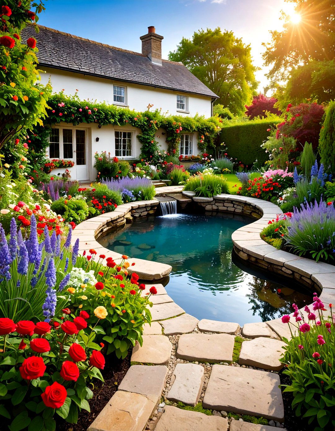 Cottage Garden Pond Landscaping with Abundant Flowering Plants - 20 Pond Landscaping Ideas