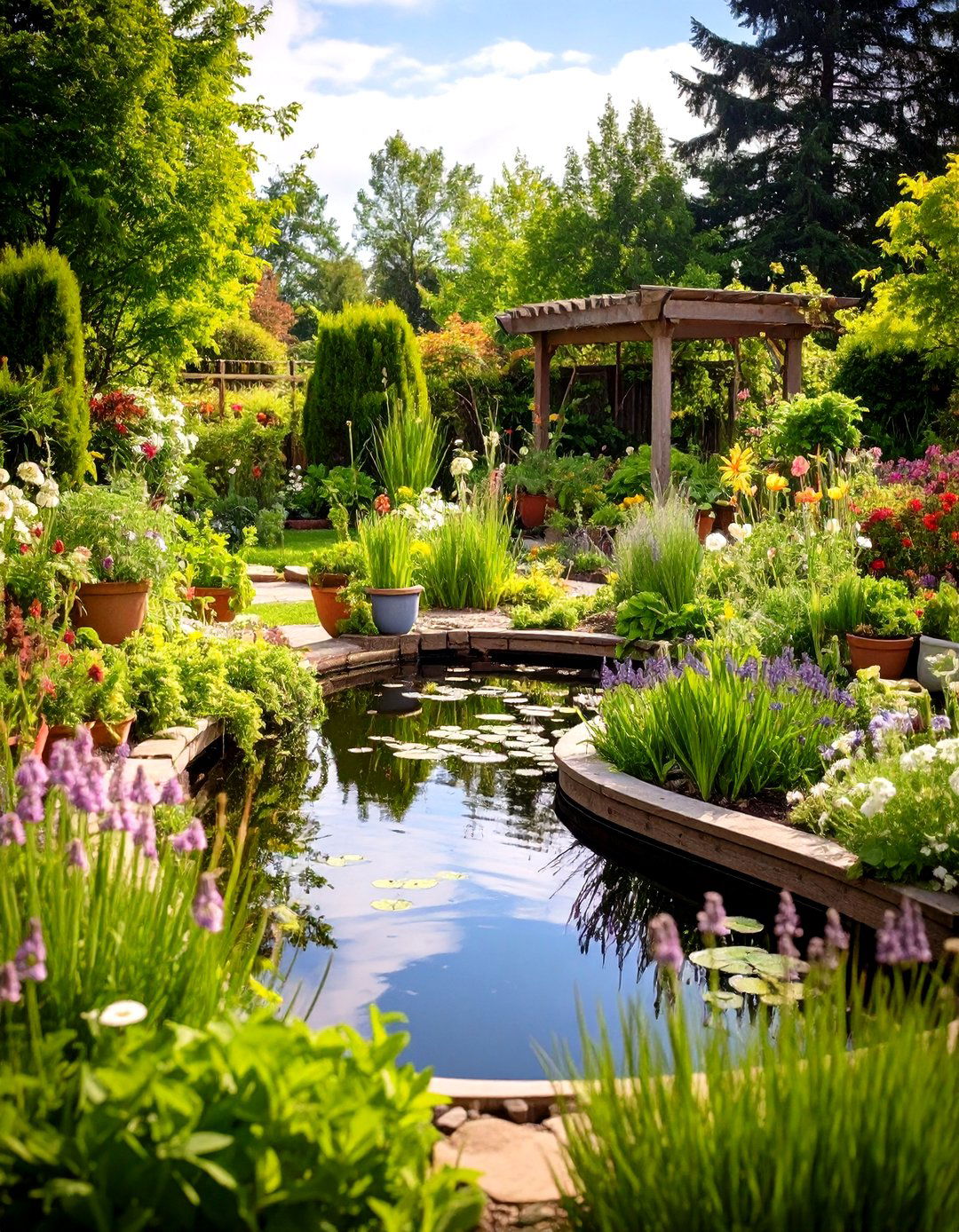 Cottage Herb Pond Landscaping with Culinary Garden Integration - 20 Pond Landscaping Ideas