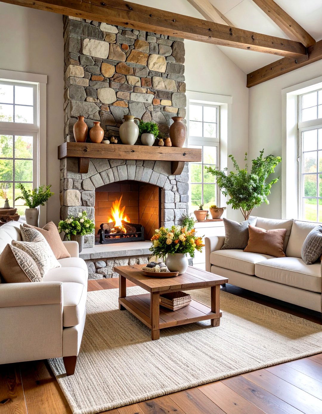 Cottage Living Room Farmhouse Stone Fireplace Design - 20 Cottage Living Room Ideas